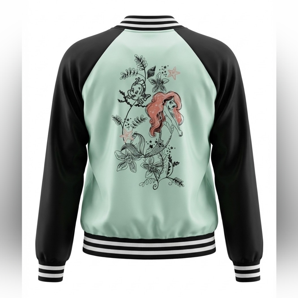 Disney Little Mermaid Satin Bomber Varsity Jacket Vacation Princess Festival